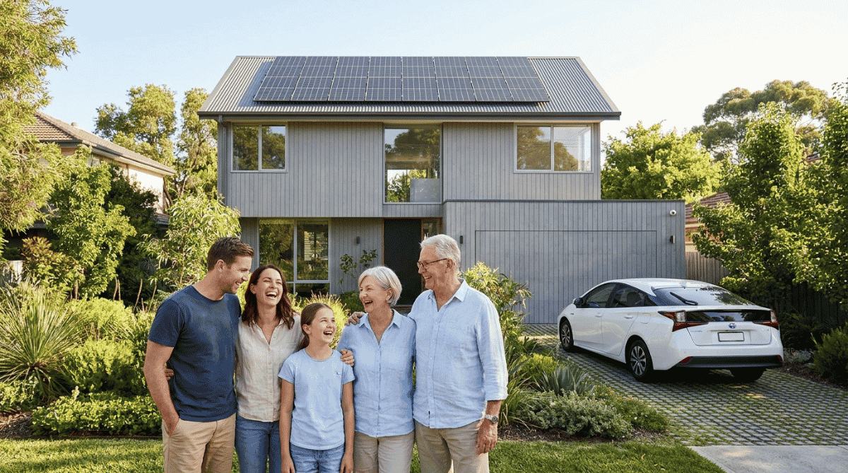 solar-and-battery-modern-australian-home-guide Integrated solar panel and battery system on a modern future-ready Australian home with a family in the front yard