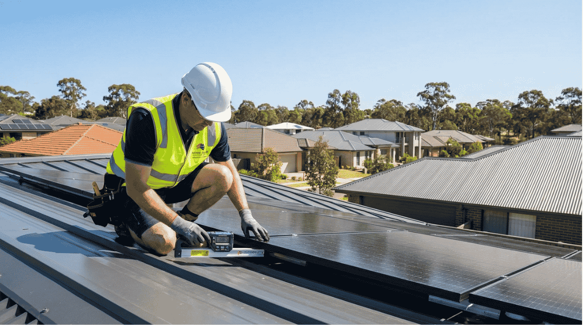 How to choose a solar installer in Australia: technician installing rooftop panels