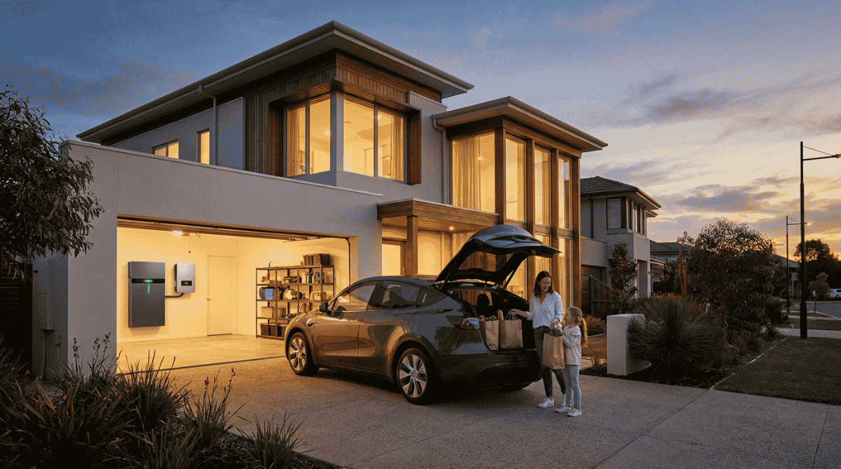 solar-battery-vs-no-battery-australia-2026 Solar battery vs no battery in Australia 2026: a premium home battery installed on a modern garage wall next to an electric vehicl