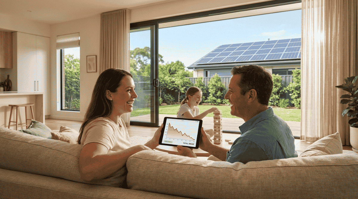 solar-payback-period-australia-2026 Solar payback period in Australia: homeowner family reviewing electricity bill savings inside a sunlit home